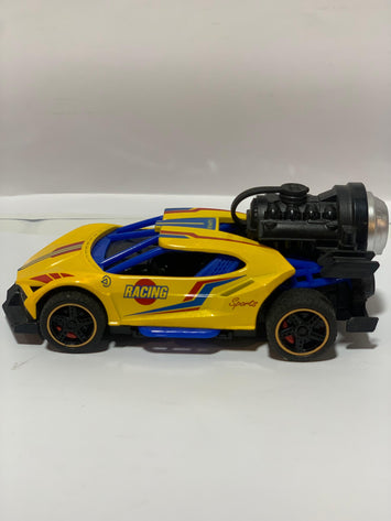 Yellow Racing Toy Car with Light & Smoke – Friction Powered Sports Car for Kids with Big Engine Look