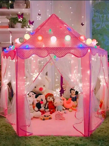Deluxe Princess Play Tent for Girls – Indoor Pink Castle Tent with Colorful LED Lights & Mesh Curtains