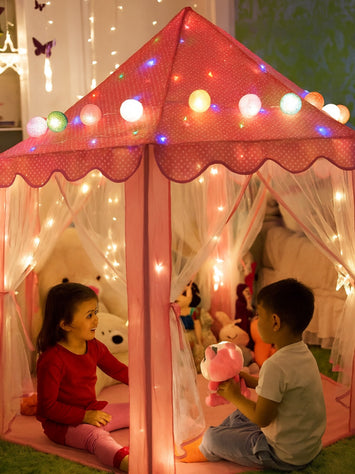 Deluxe Princess Play Tent for Girls – Indoor Pink Castle Tent with Colorful LED Lights & Mesh Curtains