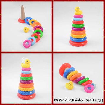 Colorful Rainbow Ring Stacking Toy Set with Duck Topper – 8 Pcs, Large Size – Educational Baby Toy for Kids & Toddlers