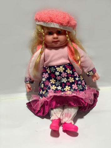 Soft Baby Doll with Winter Cap & Floral Dress – Realistic Look, Cuddly Toy for Girls (Pink & Purple Outfit)