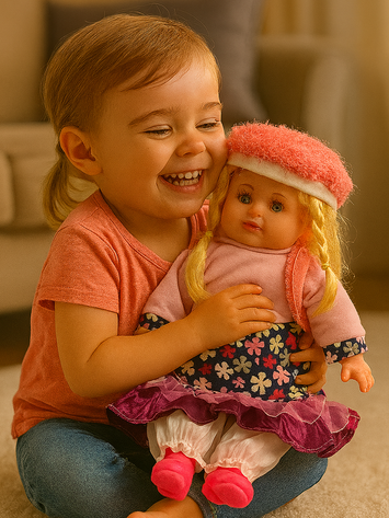 Soft Baby Doll with Winter Cap & Floral Dress – Realistic Look, Cuddly Toy for Girls (Pink & Purple Outfit)