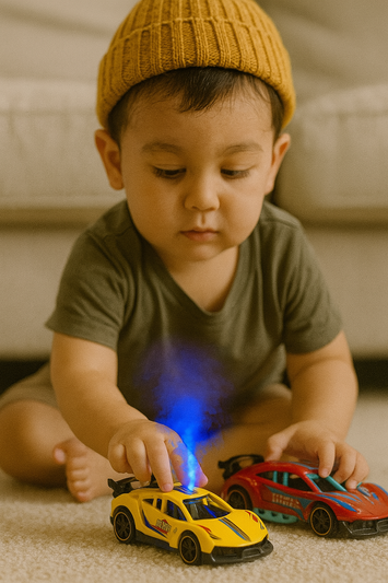 Yellow Racing Toy Car with Light & Smoke – Friction Powered Sports Car for Kids with Big Engine Look