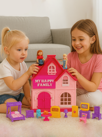 My Happy Family Doll House Toy Set with Furniture & Lights – Funny Dollhouse for Girls (3+ Years) – Electronic Sound & Light Barbie Style Play Set