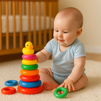 Colorful Rainbow Ring Stacking Toy Set with Duck Topper – 8 Pcs, Large Size – Educational Baby Toy for Kids & Toddlers