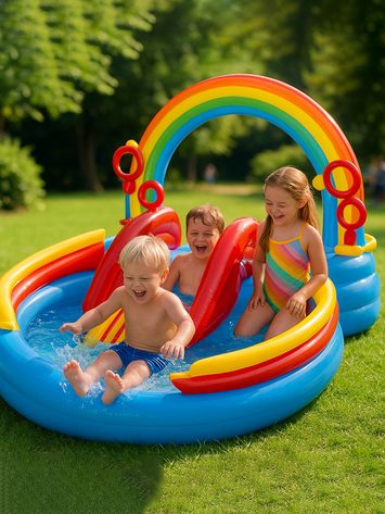 Intex Rainbow Ring Inflatable Play Center Pool with Slide, Sprayer & Ring Toss Game – Fun Water Park for Kids (Ages 3+)