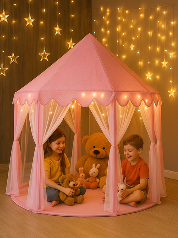 Princess Castle Tent with Lights for Girls – Indoor Kids Playhouse with Mesh Curtains & Starry Fairy Lights