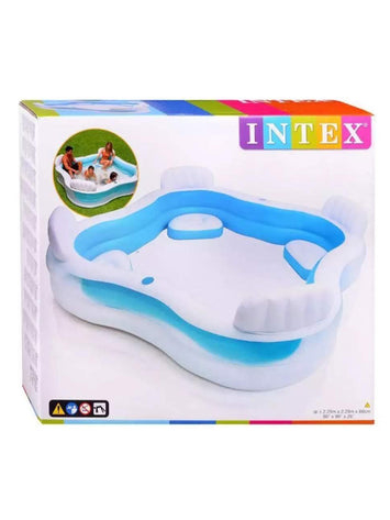 Intex Family Lounge Inflatable Pool – 229cm x 229cm with Built-In Seats & Cup Holders | Spacious Garden Swimming Tub for Adults & Kids