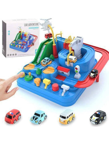 Adventure Track Car Toy Set for Kids – Manual Gear Operated Puzzle Game with 4 Cars | Montessori Educational Traffic Play Toy