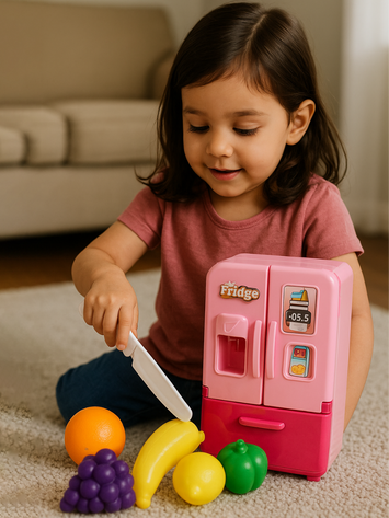 Mini Fridge Toy with Plastic Fruit Cutting Set for Kids | Kitchen Playset with Knife & Colorful Fruits