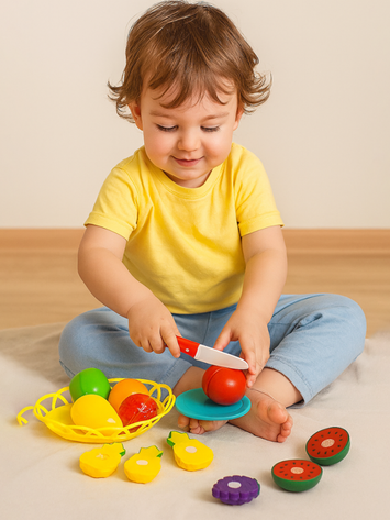Happy Little Chef – Kids Cutting Fruit Toy Set with Basket | Educational Pretend Play Kitchen Toys for Toddlers Age 3+