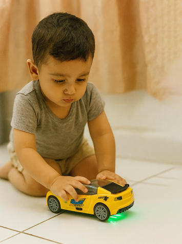 Yellow Speed Racing Clock Toy Car with Light & Sound – Educational Toy for Kids Ages 3