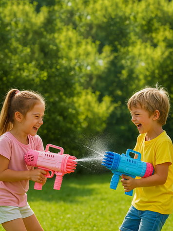 Gatling Bubble Gun for Kids – 69-Hole Automatic Bubble Machine with Lights | Big Bubble Blower Toy for Outdoor Fun (Pink & Blue)