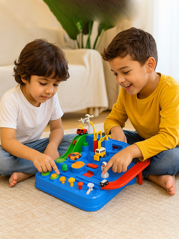 Adventure Track Car Toy Set for Kids – Manual Gear Operated Puzzle Game with 4 Cars | Montessori Educational Traffic Play Toy