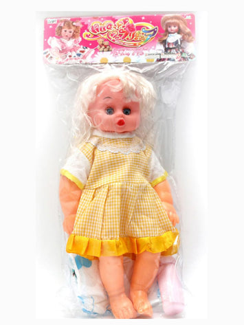 Soft Baby Doll Toy for Girls – Yellow Dress | Cuddly Plastic Baby Doll with Bottle Set