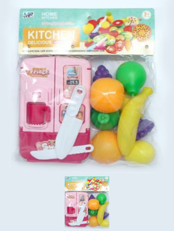 Mini Fridge Toy with Plastic Fruit Cutting Set for Kids | Kitchen Playset with Knife & Colorful Fruits
